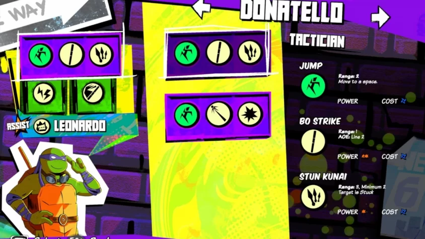 Экран навыков Донателло в Teenage Mutant Ninja Turtles: Tactical Takedown с описанием атак и поддержкой Леонардо