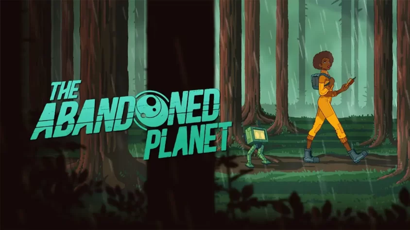 Обложка игры The Abandoned Planet Главная героиня в оранжевом скафандре и её квадратный робот идут по мрачному лесу под дождём