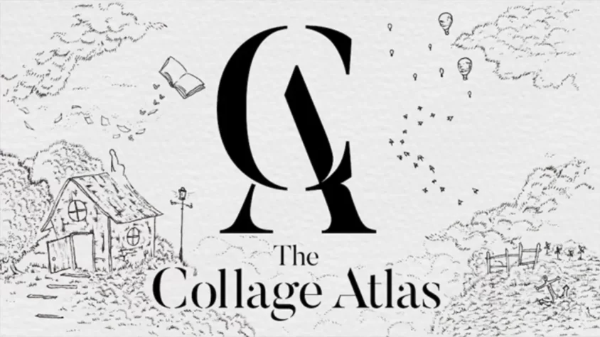 Обложка The Collage Atlas с нарисованным миром грёз Чёрно-белая обложка The Collage Atlas с загадочным домиком и бумажными облаками