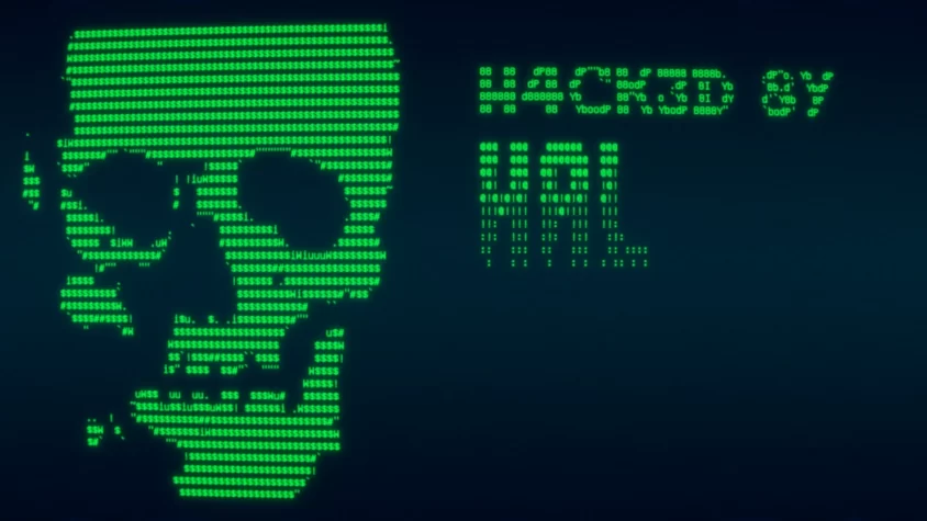 Зелёный ASCII-арт черепа и надпись HACKED BY HAL на тёмном фоне