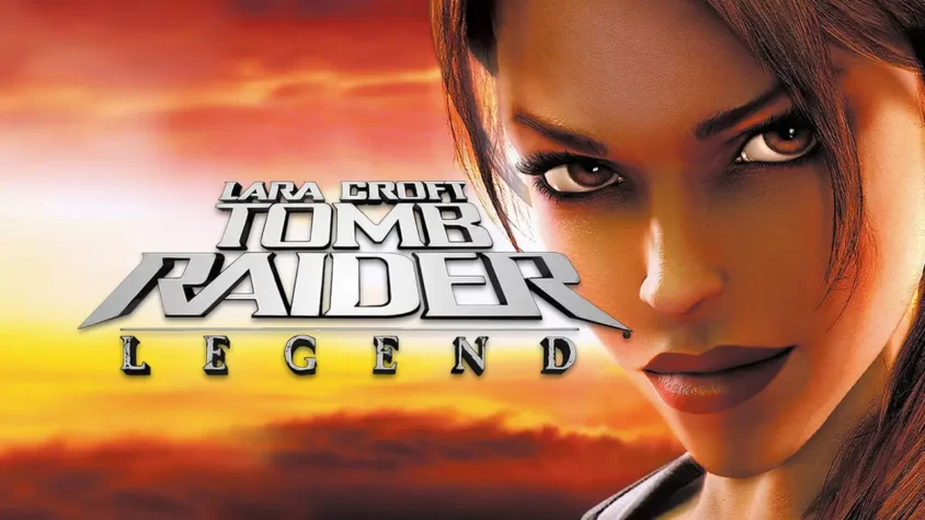 Обложка игры Tomb Raider: Legend с крупным планом Лары Крофт на фоне заката Лара Крофт смотрит так, будто уже знает, где вы спрятали свои сохранения