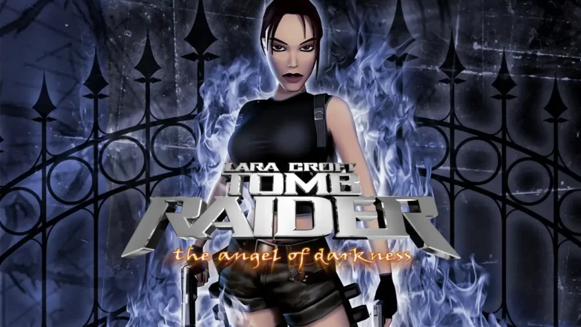 Обложка игры Tomb Raider VI: The Angel of Darkness с Ларой Крофт Лара Крофт в образе готической рок-звезды с двумя пистолетами на фоне фиолетового дыма