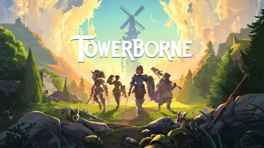 Главные герои Towerborne на фоне живописной башни и фэнтезийного леса Четвёрка героев бодро шагает навстречу проблемам с лицами, полными энтузиазма или, возможно, легкой наивности