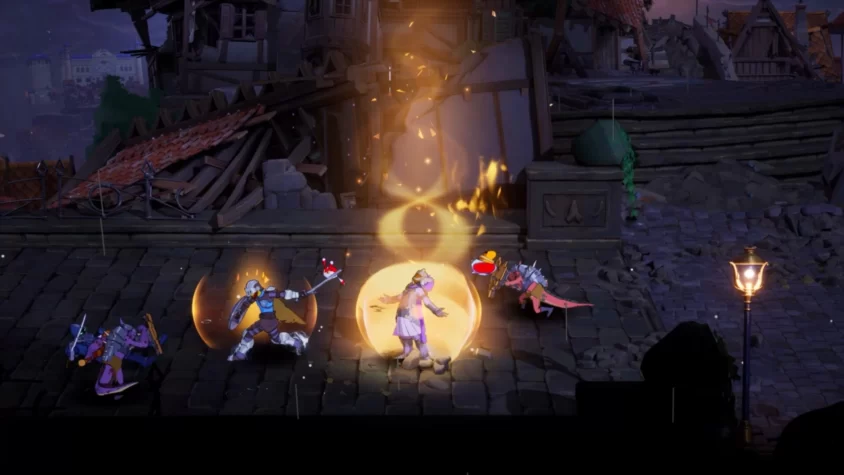 Герои Towerborne стоят в разрушенном городе, окружённые светящимися щитами и магическим сиянием