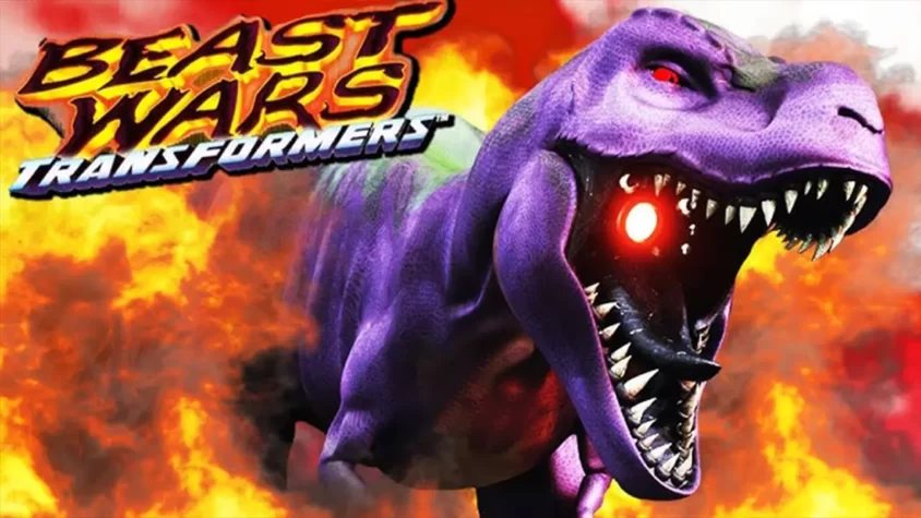 Обложка, кричащая «ты не готов» Фиолетовый динозавр Transformers: Beast Wars с красным глазом на фоне огня