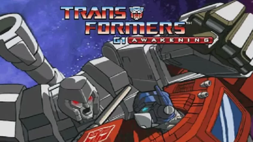 Начало большого пиксельного конфликта логотип Transformers G1: Awakening с Оптимусом Праймом и Мегатроном в ретро-стиле
