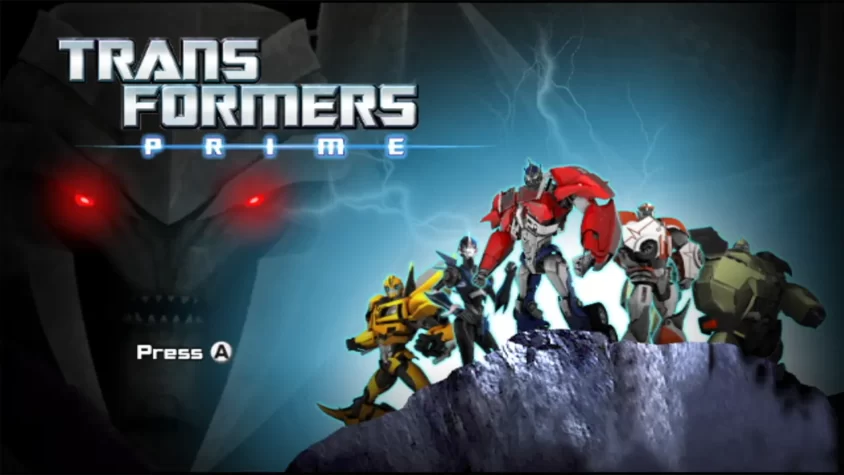Прессуй A, если веришь в мультики обложка игры Transformers: Prime The Game с командой автоботов и лицом Тандервинга на фоне