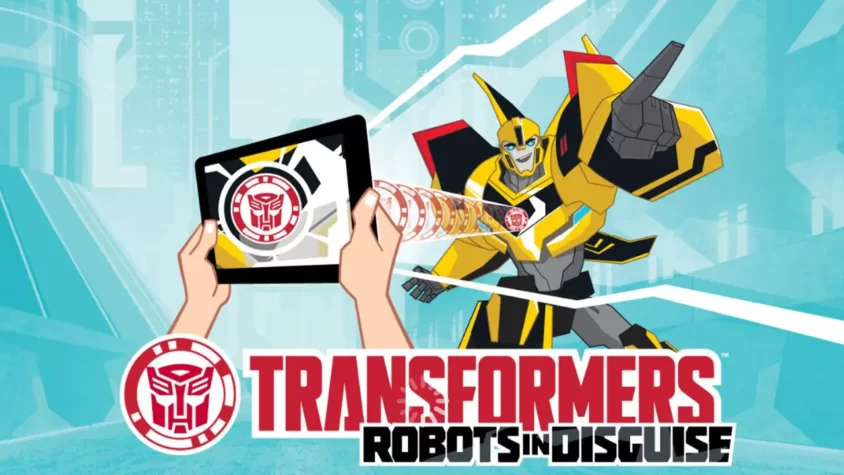 цифровая магия и жёлтый герой обложка Transformers: Robots in Disguise с планшетом и Бамблби в мультяшном стиле