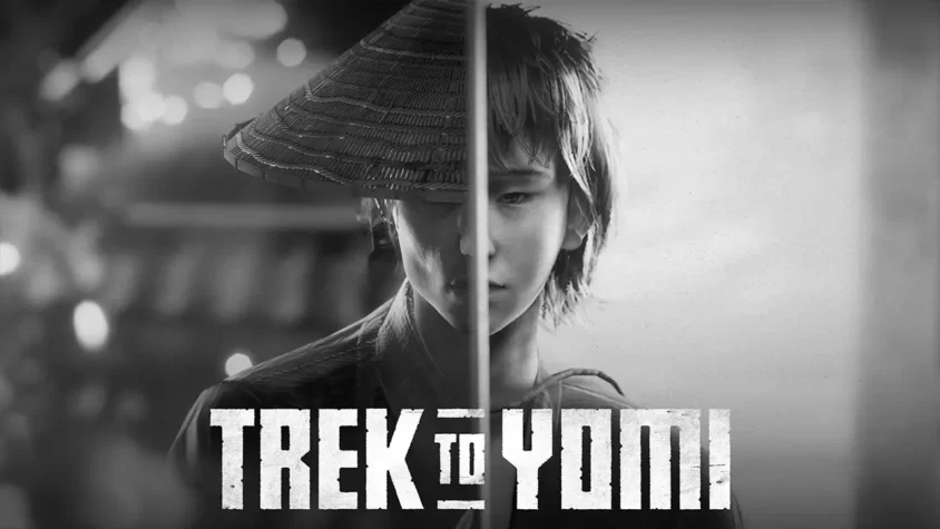 Обложка игры Trek to Yomi с главным героем в стиле дзэн и нуар Разделённое лицо героя с сомнением в глазах и мечом в душе