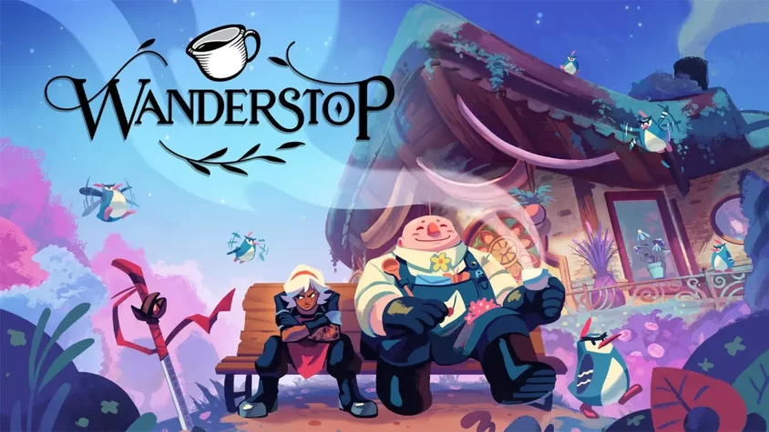 Обложка игры Wanderstop с героями на фоне волшебного домика Двое героев отдыхают у уютного дома, окружённого фантастическими птицами и растениями