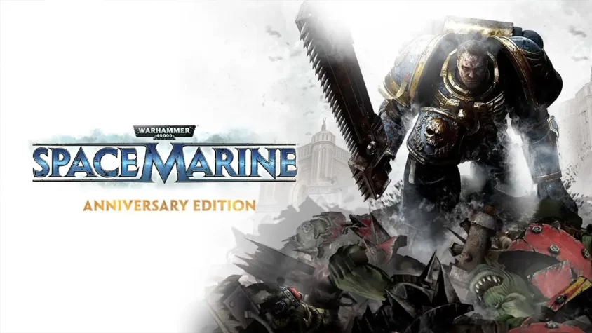 Обложка Warhammer 40,000: Space Marine – Anniversary Edition Обложка Warhammer 40,000: Space Marine с ультрамарином, раздающим оркам по первое число