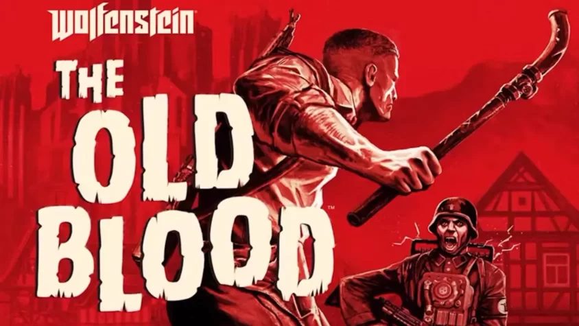 Обложка Wolfenstein: The Old Blood с агрессивным настроением и ностальгией по трубному оружию Главный герой замахивается ломом на злобного нациста на фоне красной архитектурной пасторали