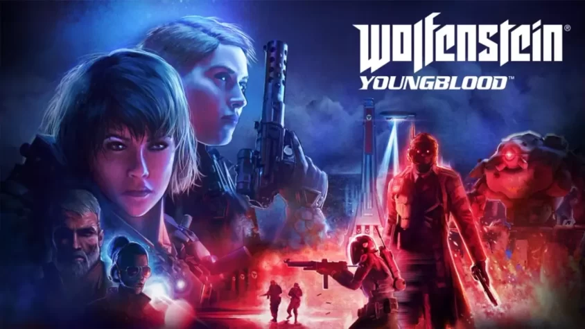 Обложка игры Wolfenstein: Youngblood с главными героинями на фоне врагов и техноутопии Две вооружённые до зубов сестры стоят на фоне неонового апокалипсиса, как будто решили заменить отца на пенсии