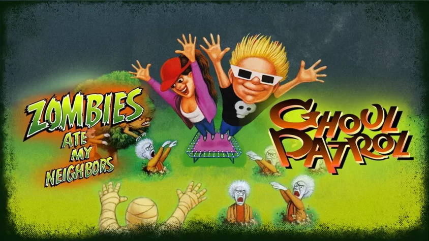 Обложка игры Zombies Ate My Neighbors and Ghoul Patrol Два подростка с безумными лицами прыгают на батуте посреди толпы монстров в стиле 90-х