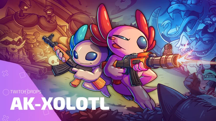 Twitch Drops AK-xolotl — обложка с персонажами и оружием Промо-арт AK-xolotl с двумя персонажами и автоматами, созданный для кампании Twitch Drops
