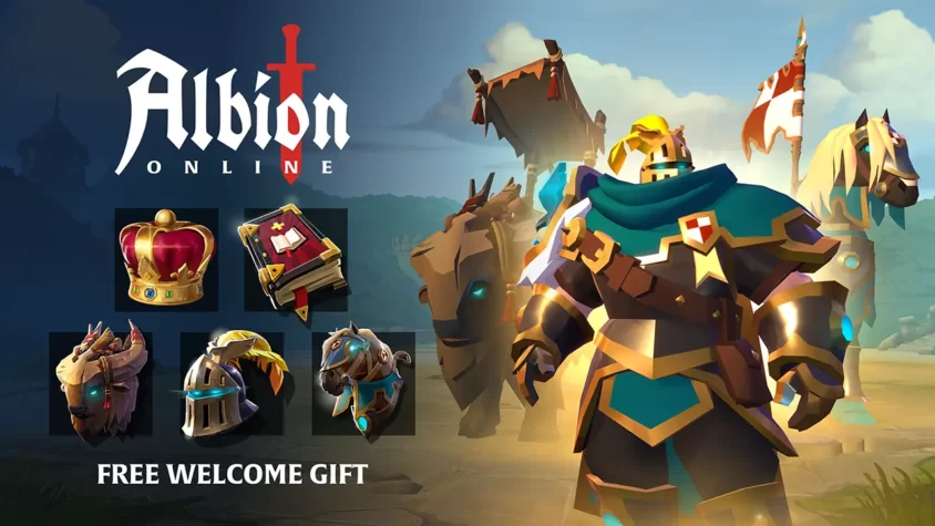 Набор для Albion Online бесплатно в Epic Games — премиум, бизон и 100 000 славы Подарочный набор Albion Online с бронёй, книгами и скакунами на фоне игрового мира
