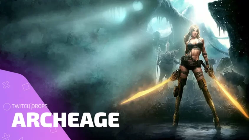 Обложка Twitch Drops ArcheAge с персонажем в боевой экипировке и световыми мечами