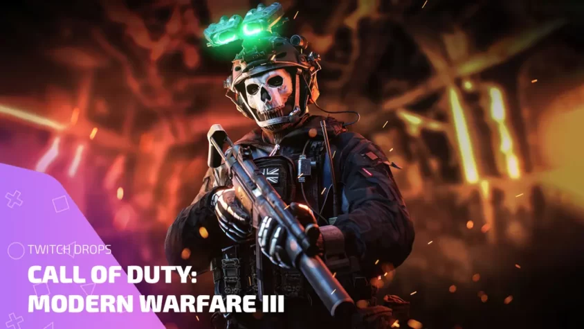 Оператор в шлеме с прибором ночного видения из Call of Duty: Modern Warfare III на фоне огня, промо для Twitch Drops