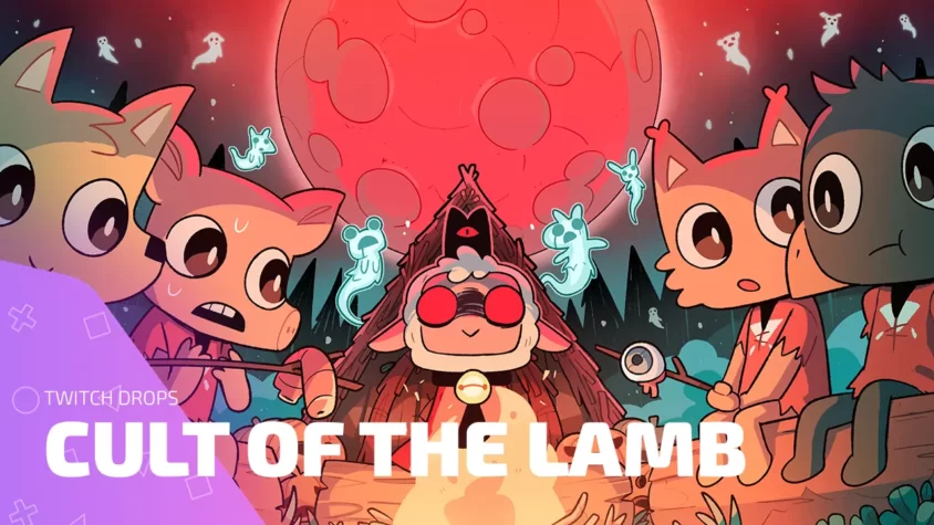 История Twitch Drops в Cult of the Lamb — все награды и кампании Twitch Drops для Cult of the Lamb — обложка с барашком и последователями у алтаря