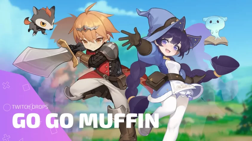 Два персонажа из Go Go Muffin с питомцами на фоне природы, обложка кампании Twitch Drops