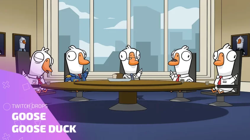 Косметика из Twitch Drops в Goose Goose Duck — пример наград Персонажи Goose Goose Duck в костюмах за раздачи Twitch Drops на фоне офиса