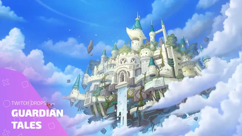 Воздушный замок из Guardian Tales на фоне неба с логотипом Twitch Drops