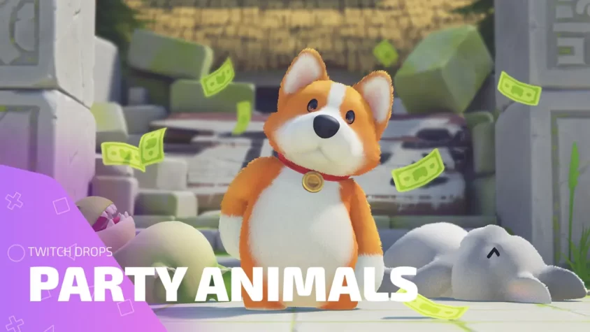 Party Animals Twitch Drops — все награды и раздачи Корги из Party Animals на фоне раздачи Twitch Drops с летающими купюрами