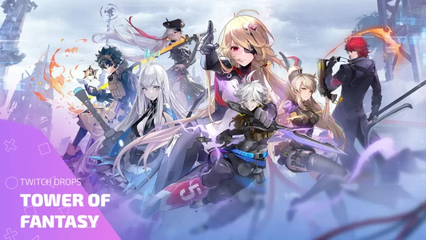 Персонажи Tower of Fantasy на фоне промо Twitch Drops с оружием и эффектами