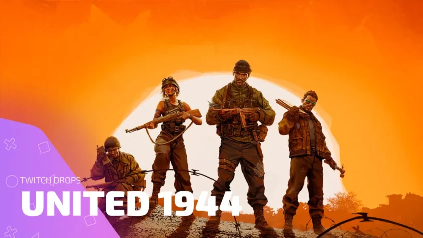 UNITED 1944 и Twitch Drops — арт с бойцами и закатом Бойцы UNITED 1944 на фоне заката с логотипом Twitch Drops