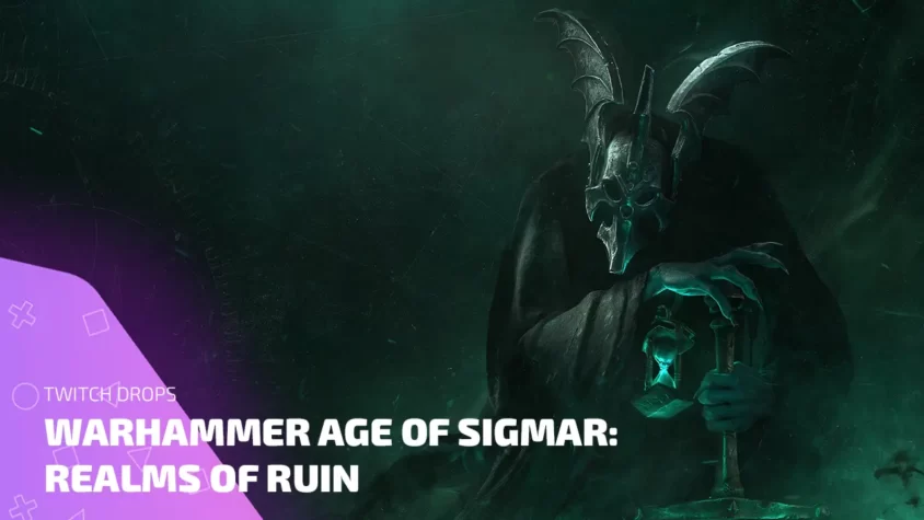 Обложка Twitch Drops для Warhammer Age of Sigmar Realms of Ruin с темным фэнтези-стилем и таинственным персонажем