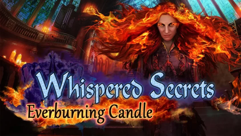 женщина с пылающими волосами в готическом зале с надписью Whispered Secrets: Everburning Candle