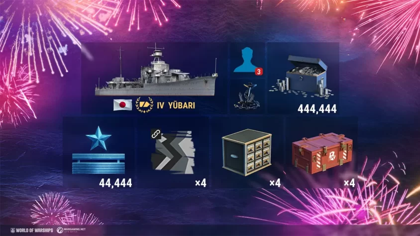 Состав раздачи World of Warships — Anniversary Party Favor на Epic Games Награды из раздачи World of Warships — Anniversary Party Favor: крейсер IV Yūbari, 444 444 кредитов, 44 444 свободного опыта, 3 слота для командиров, 4 специальных камуфляжа, 4 контейнера ресурсов, 4 контейнера «Командирский дроп».