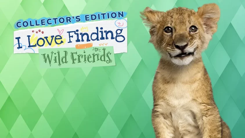 Обложка I Love Finding Wild Friends Обложка игры I Love Finding Wild Friends с львёнком на зелёном фоне