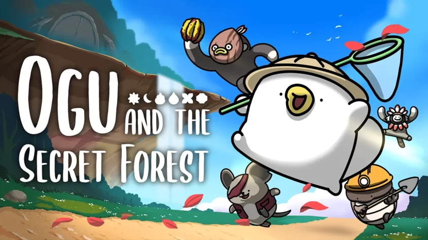 Обложка игры Ogu and the Secret Forest Обложка игры Ogu and the Secret Forest с пингвином, бегущим с сачком, и странной лесной братвой