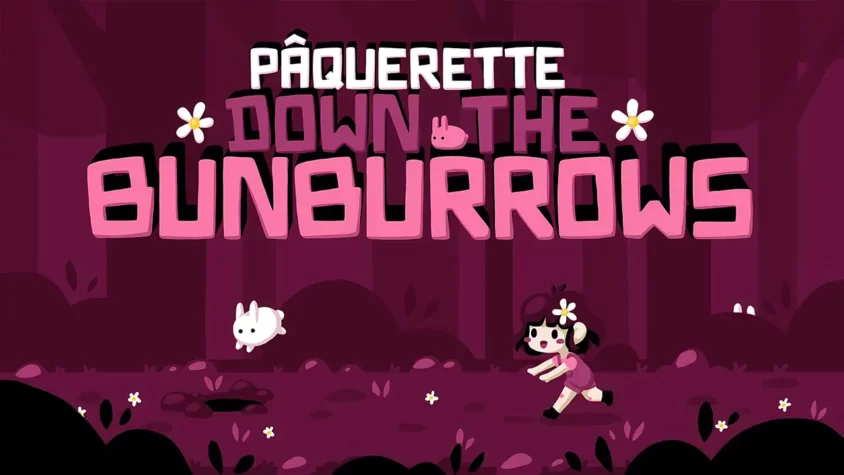 Обложка Paquerette Down the Bunburrows с девочкой и белым кроликом Девочка в розовом пытается поймать кролика в лесу цвета мармелада Paquerette Down the Bunburrows