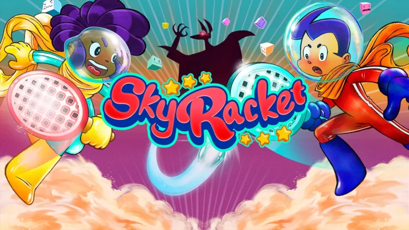 Обложка Sky Racket с главными героями и злодеем Обложка игры Sky Racket с героями в скафандрах и теннисными ракетками на фоне зловещего силуэта