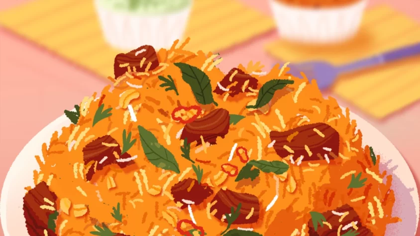 Аппетитное блюдо с рисом, зеленью, специями и кусочками мяса на тарелке