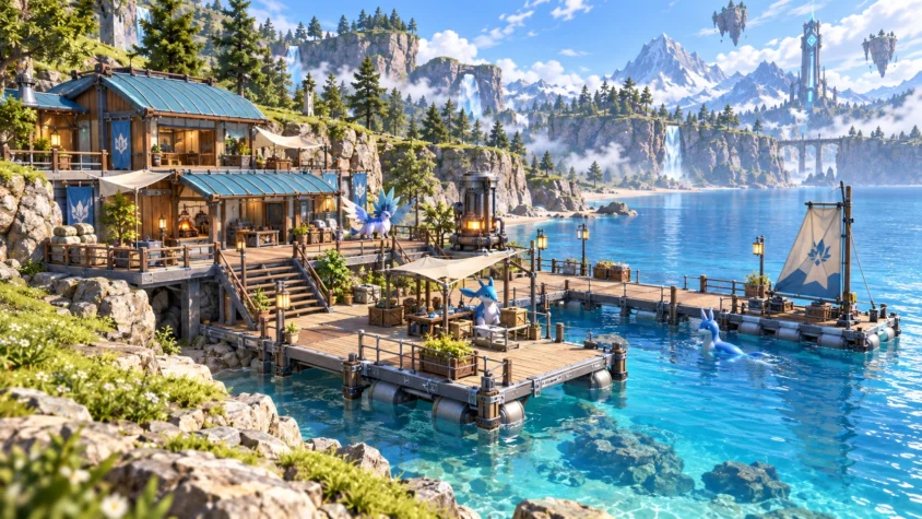 Участок базы у воды с элементами Aquatic Construction Kit в Palworld 1.0