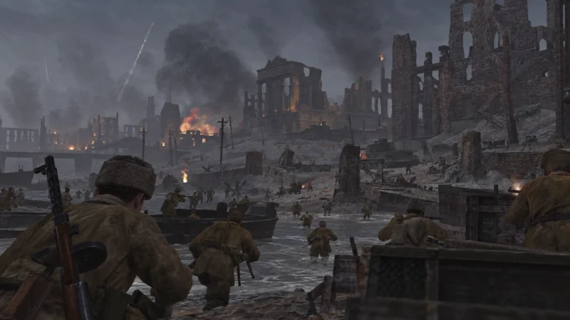 Советские бойцы прибывают в разрушенный Сталинград в Call of Duty 2003