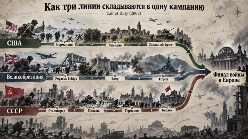 Схема американской, британской и советской сюжетных линий Call of Duty 2003