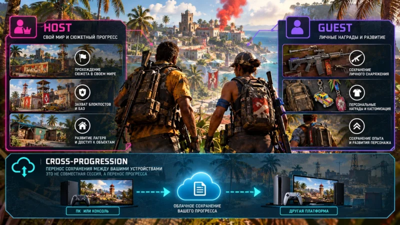 Разница между прогрессом хозяина, гостя и переносом сохранения в Far Cry