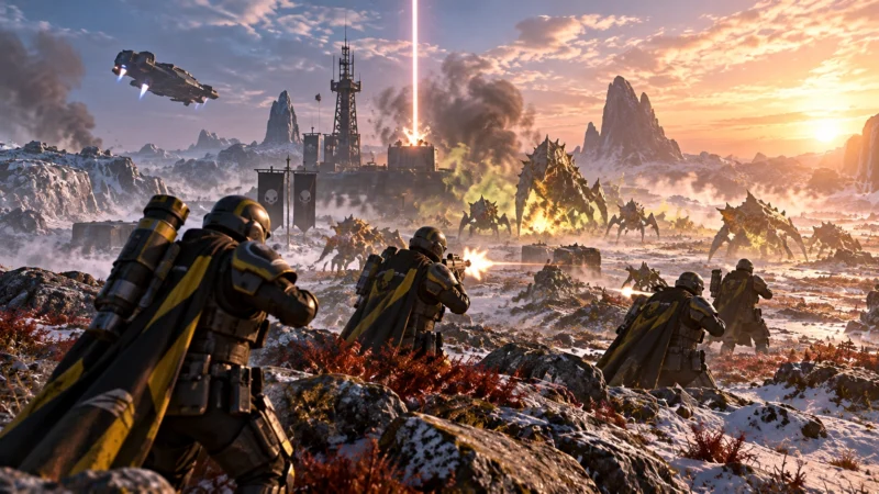 Отряд игроков выполняет совместную миссию в Helldivers 2